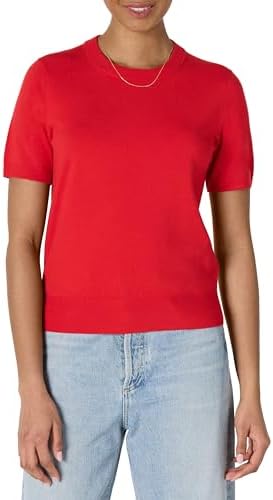 Amazon Essentials Women's Regular-Fit Short Sleeve Pullover Sweater Top, Bright Poppy Red, X-Large