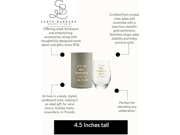 Santa Barbara Design Studio Holiday Stemless Wine Glass Gold Foil