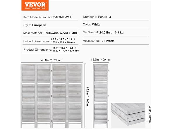 Wood Room Divider, 4 Panel Wood Folding