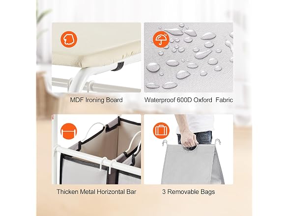 3-Section Laundry Sorter Cart with Ironing