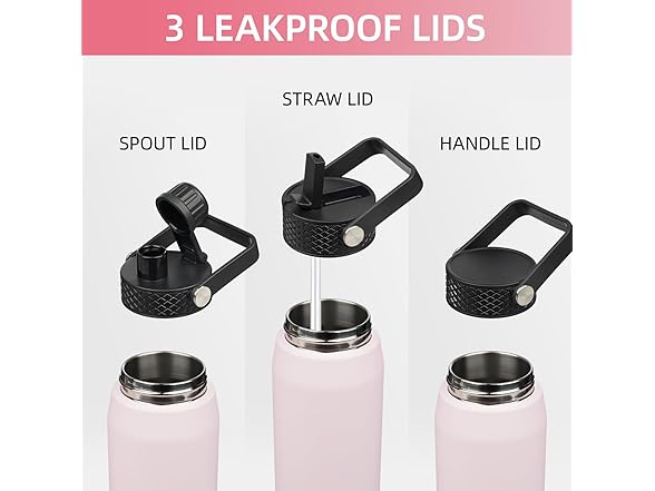 40oz Insulated Stainless Steel Water Bottle with 3 Lids,Pink