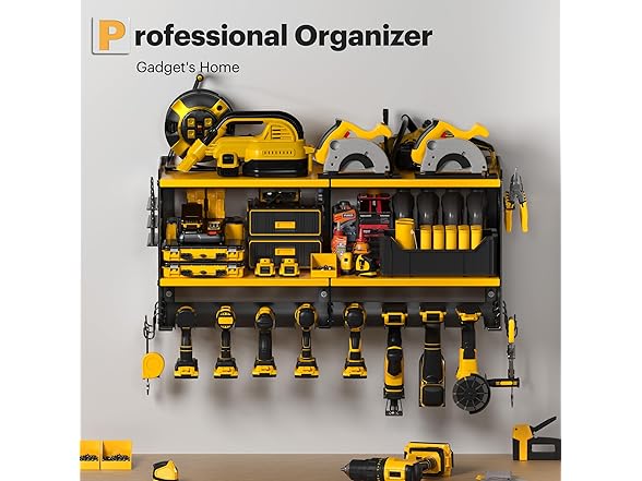 Spampur Power Tool Organizer Wall Mount 15 Min Assembly & Maximum 420lb Load by Heavy Duty Metal, 8 Slots for Cordless Drill, Tool Holder with 6 Outlet Power Strip (Open Box)