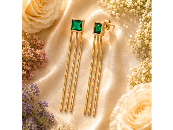 18K Gold Green Stone Drop Earrings