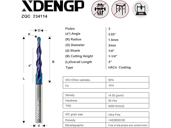 XDENGP Spiral Tapered Ball Nose Spiral