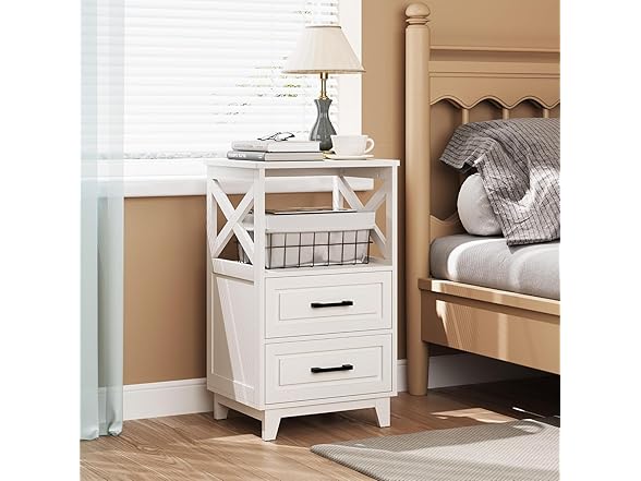 RoyalCraft 30" Tall Nightstand, Modern Painted Bedside Table with 2 Drawers and Open Shelf, Wood Side Table for Bedroom, Home Office, White-Open Shelf Above, Set of 2 (Open Box)