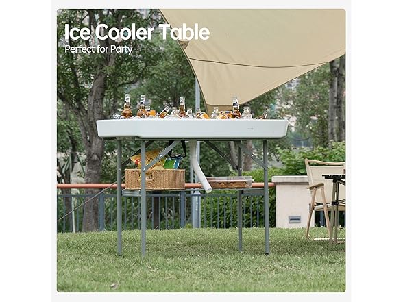 Winlice Outdoor Ice Cooler Folding Table, Portable Cooler Table with Removable Matching Skirt, Chill Table for Party BBQ Camping Wedding White (Open Box)