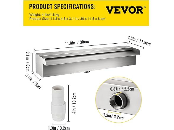 VEVOR Stainless Steel Pool Waterfall Spillway with Pipe Connector