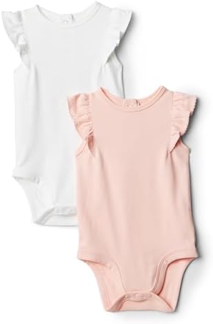 Amazon Essentials x Sofia Grainge Baby Girls' Embroidered Ruffle Bodysuit, Pack of 2, Light Pink/White, 24 Months