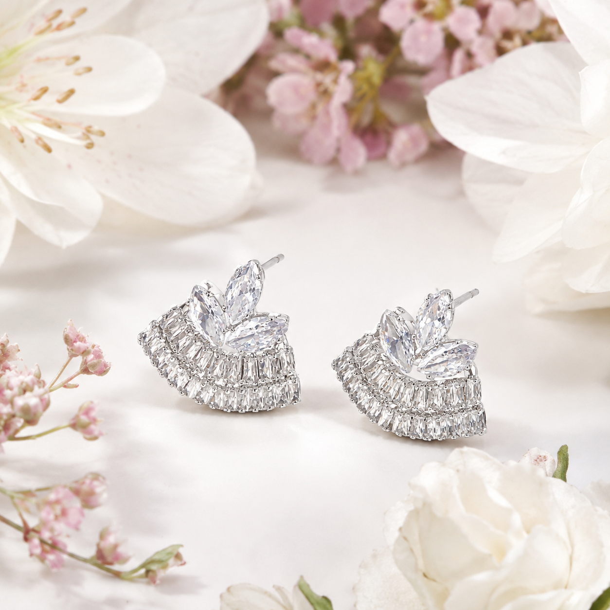 Silver Fan CZ Stud Earrings - Gallery 7