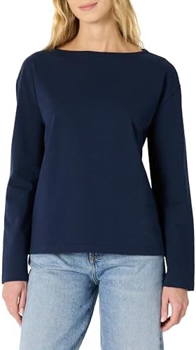 Amazon Essentials Women's 100% Cotton Heavyweight Long-Sleeve Boatneck Top, Navy, Medium