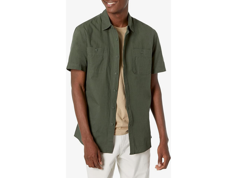 Amazon Essentials Men's Regular-Fit, Short-Sleeve Button-Down Chambray Shirt - Olive, XX-Large