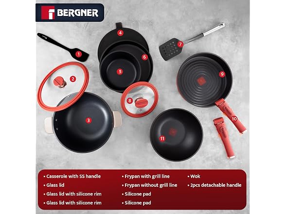 Bergner 11-Piece Non-Stick Cookware Set Red