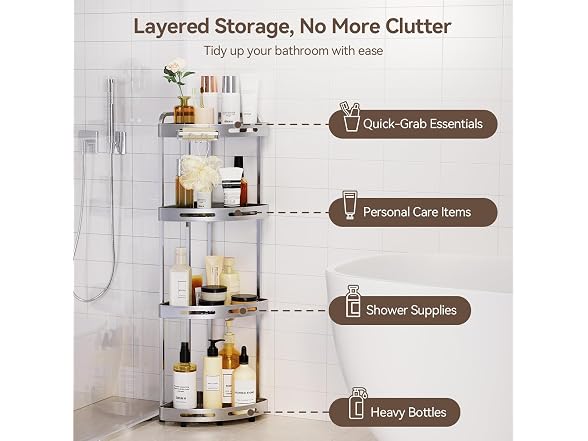 Binecer Corner Shower Caddy, 4 Tier Silver