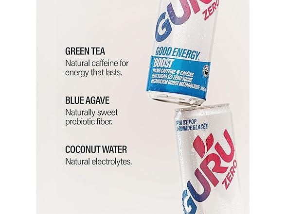 12PK GURU ZERO SUGAR Organic Energy Drinks Variety