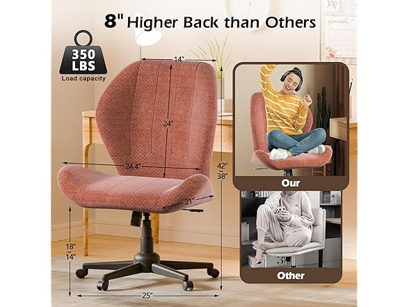 ZZW Criss Cross Chair with Wheels, Wide Cross Legged Office Chair Armless Comfy Desk Chair with Tall Back Vanity Chairs with Stress Relief Curved Design Seat for Bedroom & Office & Home Red Orange (Open Box)