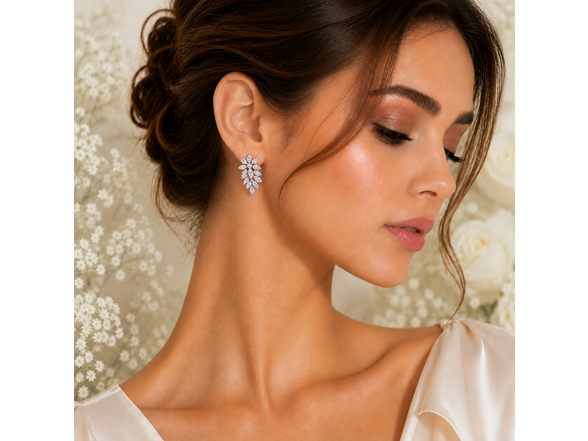 Silver Leaf Cluster CZ Stud Earrings