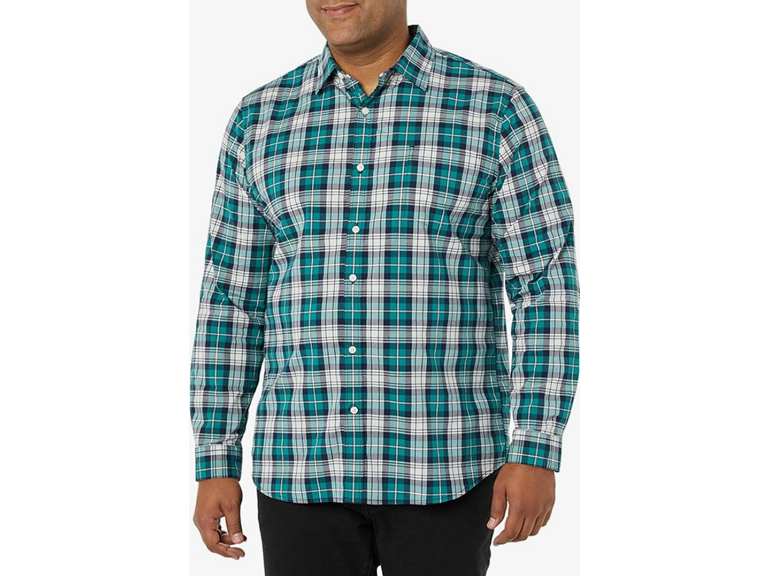 Amazon Essentials Men's Long-Sleeve Slim-Fit Stretch Poplin Shirt, Teal Blue White Plaid, Medium