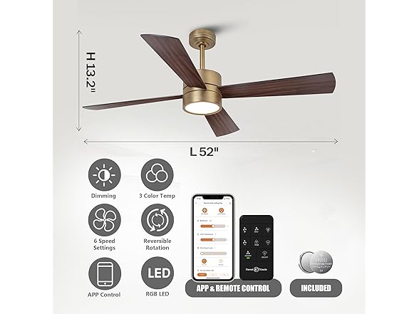 Parrot Uncle CPS1268GD-RGB-PU 52" Gold Ceiling Fan