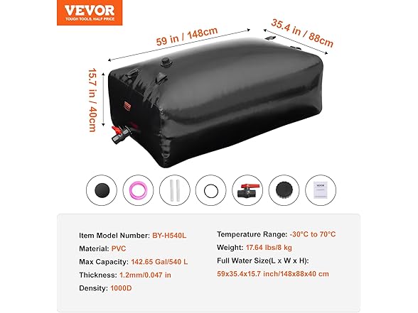 VEVOR 540L/142.7 Gallon Water Storage Bladder