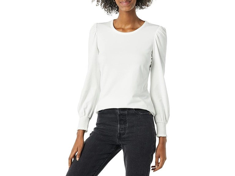 Amazon Essentials Women's Long-Sleeve Crewneck Smocked Cuff T-Shirt, White, X-Small