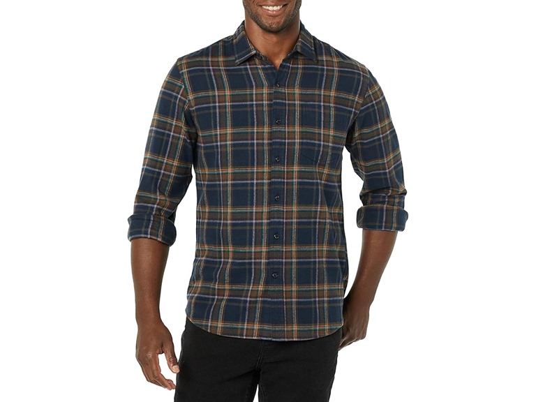 Amazon Essentials Men's Flannel Shirts Long Sleeve, Slim-Fit Button Down Plaid, Brown Dark Navy Plaid, Small