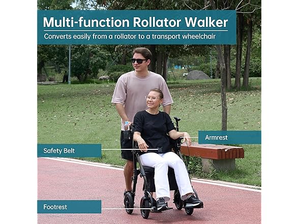 ELENKER All Terrain Rollator Walker Transport Wheelchair Combo, 2 in 1 Rolling Walker with Padded Seat and Wide Backrest, Black (Open Box)
