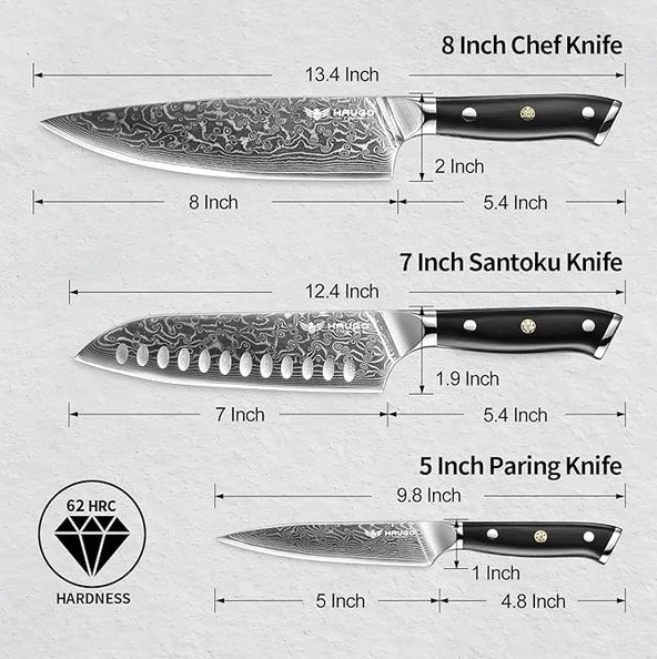 Haugo 3-Pc Damascus Chef Knife Set - Gallery 7