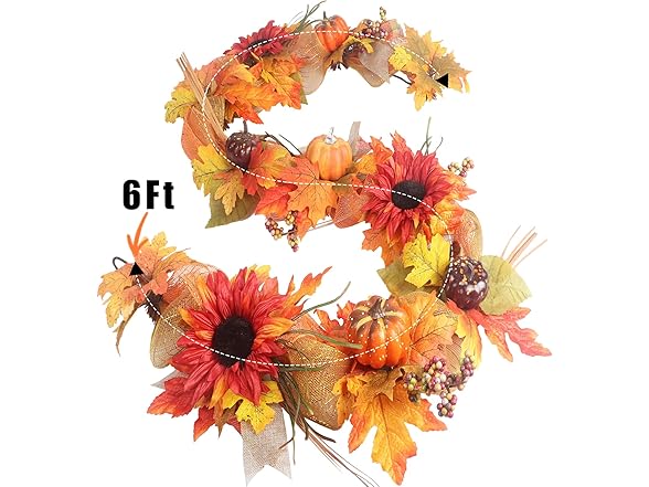 TISEMENT Fall Garland for Mantle, 6FT Fall Leaves Pumpkin