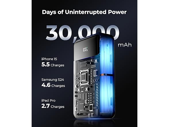 30,000mAh 22.5W Fast Charging Powerbank w/Built in Cable