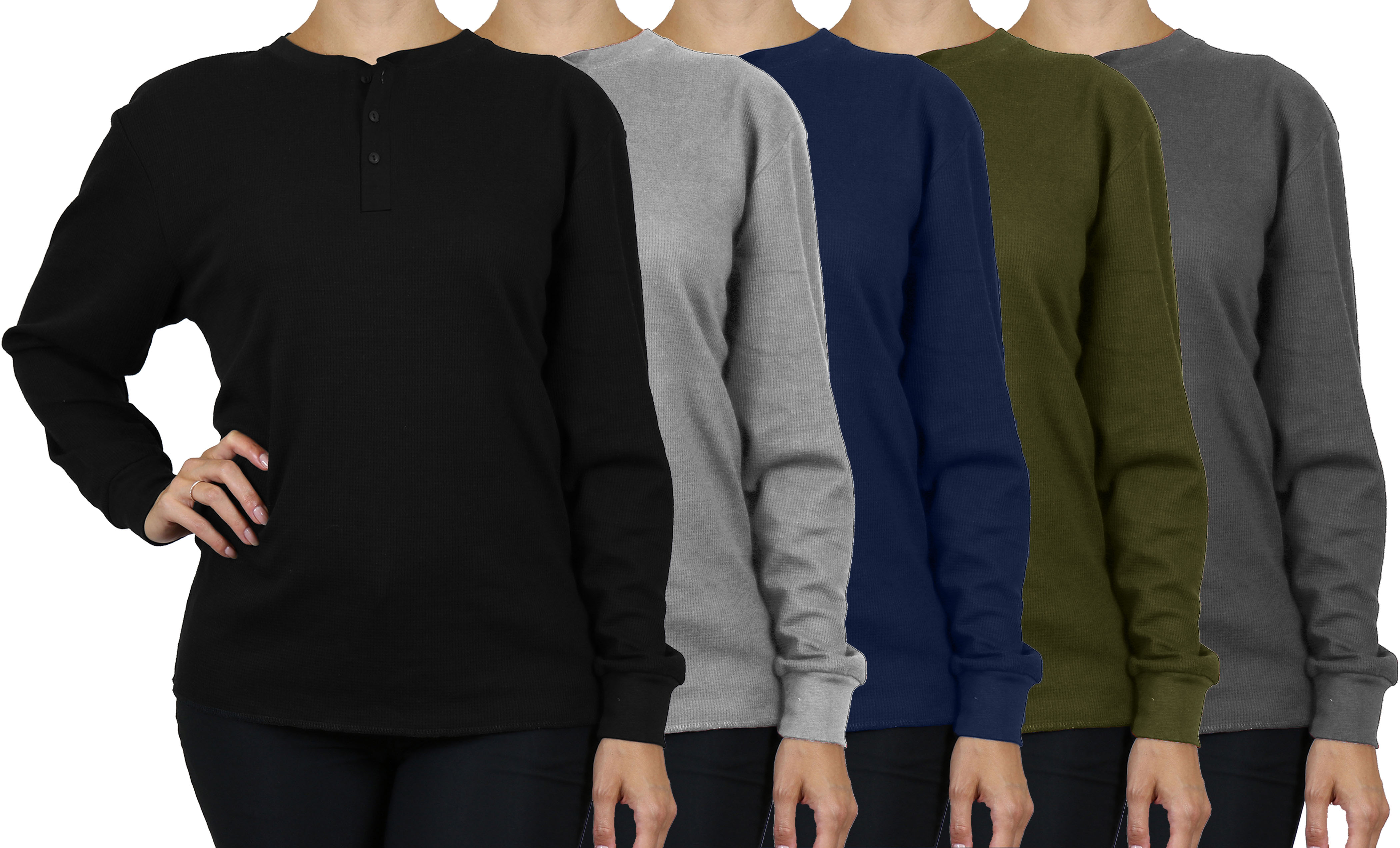 3Pk Asst Womens Waffle-Knit Henley Thermal - Gallery 10