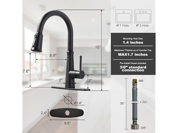 WOWOW Matte Black Kitchen Faucets with Pull Down Sprayer