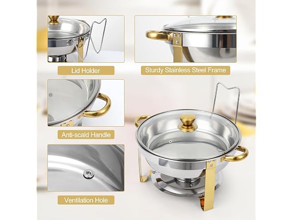 Set of 2 Gold 5QT Stainless Steel Round Chafing Dishes 