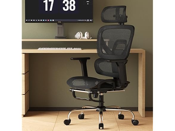 Synorla Ergonomic Office Chair with Footrest, Mesh Desk Chair with 135° Recline, Adjustable Lumbar Support, 3D Armrests and Headrest, Swivel Computer Chair for Home Office (Open Box)