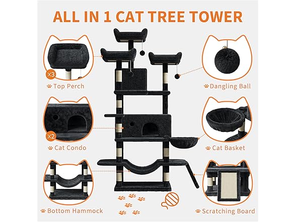 68.5 in Multi-Level Cat Tree for Indoor Cats Dark-Grey