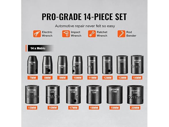 VEVOR 3/8" Drive Impact 14 Piece Shallow Socket Set Metric