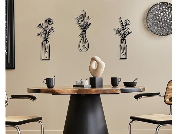 Black Floral Vase Metal Wall Art 3Pc Set