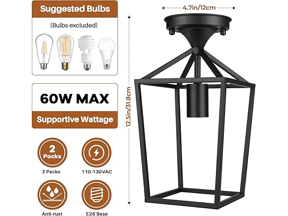 BesLowe 2Pk Semi Flush Ceiling Light Fixtures, Black