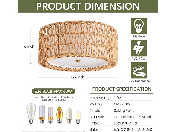 InterMaka Rattan Ceiling Light 12.6"