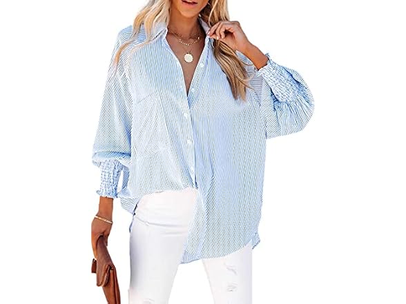 LEMAFER Womens Smocked Boyfriend Shirt