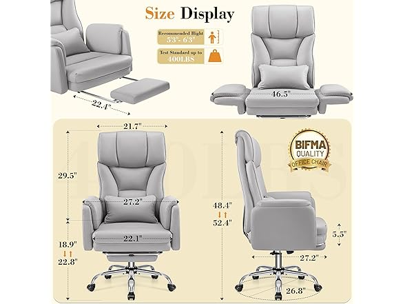 Big and Tall Office Chair, 400LBS Wide Leather Gaming Chair, High Back Executive Chair, Reversible Armrest for Pets 135° Reclining Cross Legged Desk Chair with Lumbar Support Footrest(Silver Gray) (Open Box)