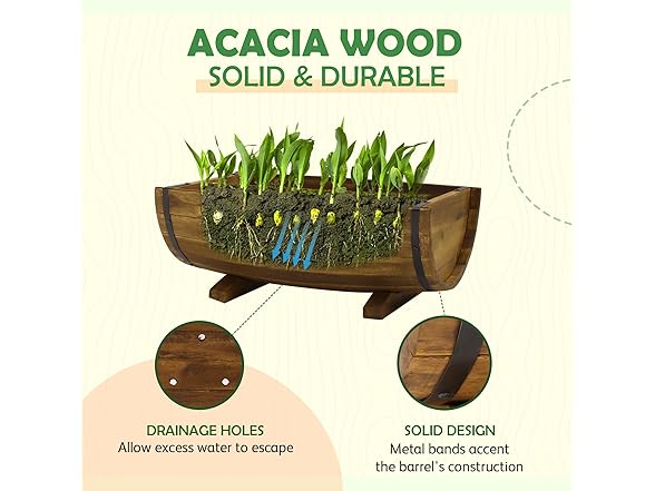 IDZO Solid Acacia Wood Half Barrel Planters, Set of 2