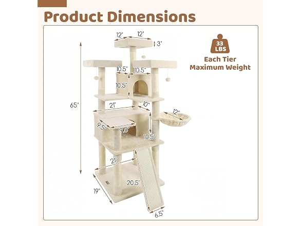 DORTALA Multi-Level Cat Tree, 65" Tall Cat Tower Beige