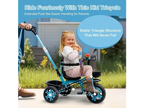 Kids Tricycle w/ Push Bar Storage Basket- Choose Color