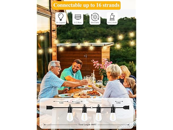 Brightever LED Outdoor String Lights 100FT Patio Lights