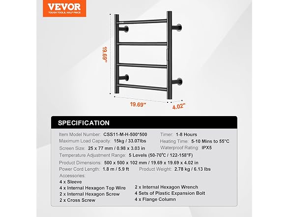 VEVOR 4 Bars Towel Warmer Rack, Wall