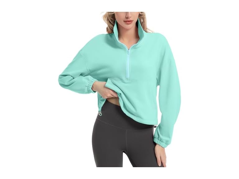 FKEEP Quarter Zip Pullover Women Cropped Sweatshirt Long Sleeve Crop Top Stand Collar Drawstring Casual Pullover Green