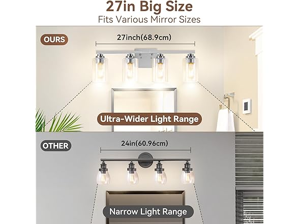 VerRon 4-Light Bathroom Light Fixtures, 27", Nickel