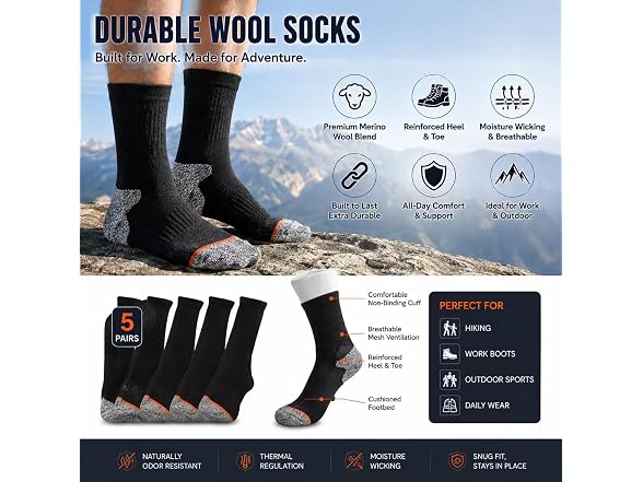 TENUUL Mens Wool Blend Crew Socks