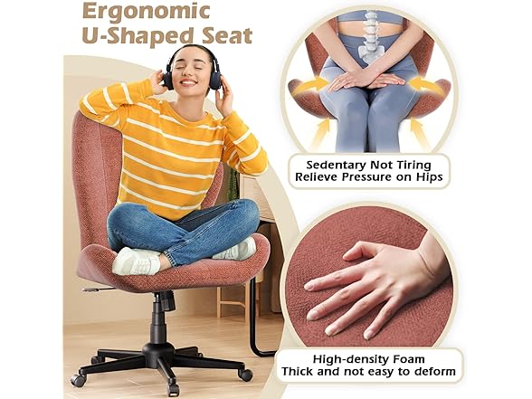 ZZW Criss Cross Chair with Wheels, Wide Cross Legged Office Chair Armless Comfy Desk Chair with Tall Back Vanity Chairs with Stress Relief Curved Design Seat for Bedroom & Office & Home Red Orange (Open Box)