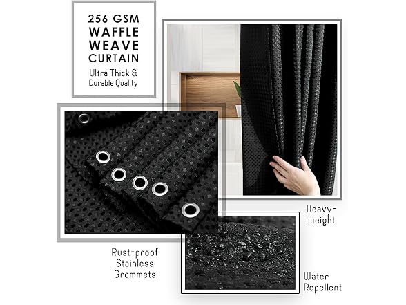 Clara Clark Black Shower Curtain - Hotel Quality Waffle